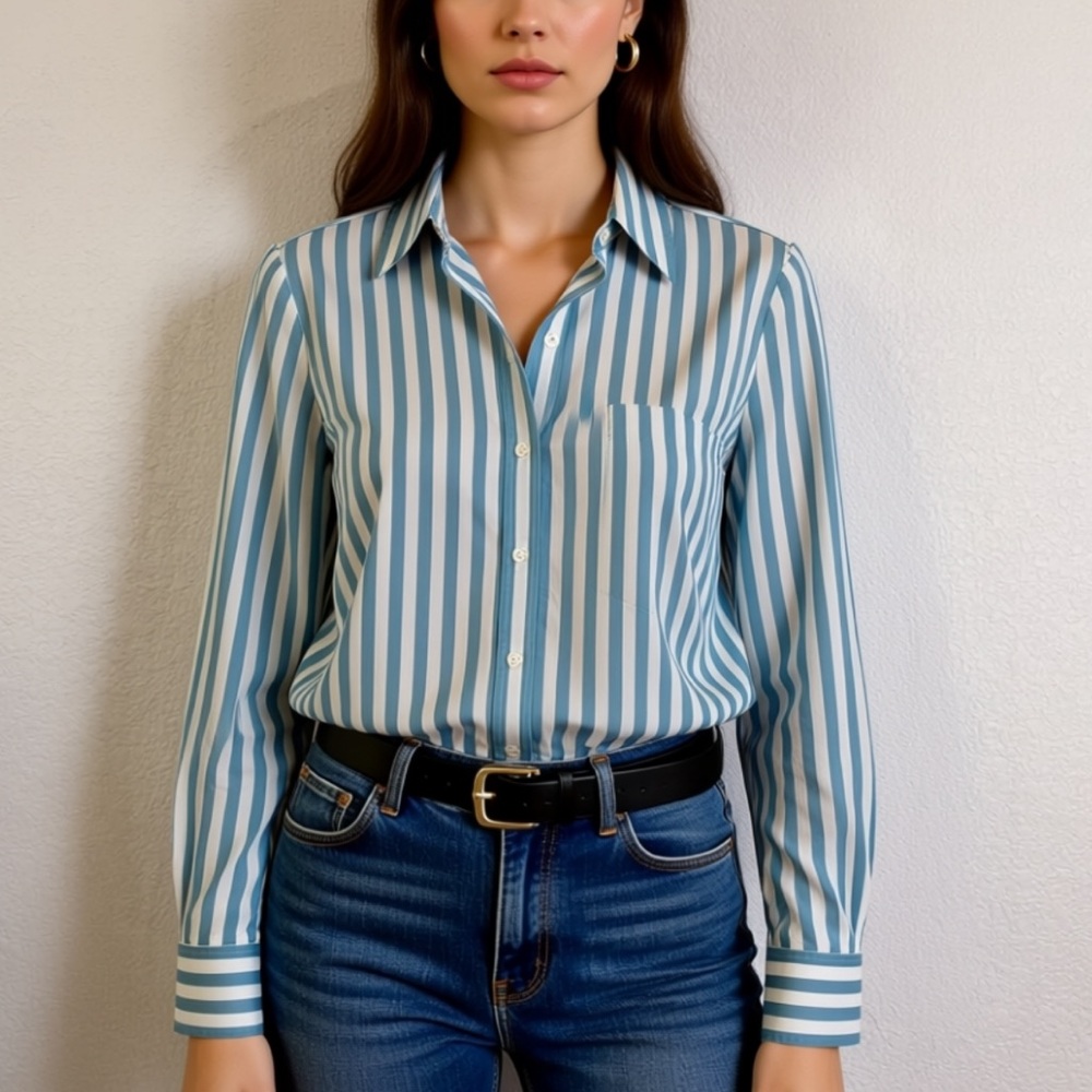 Blue and White Striped Long Sleeve Shirt